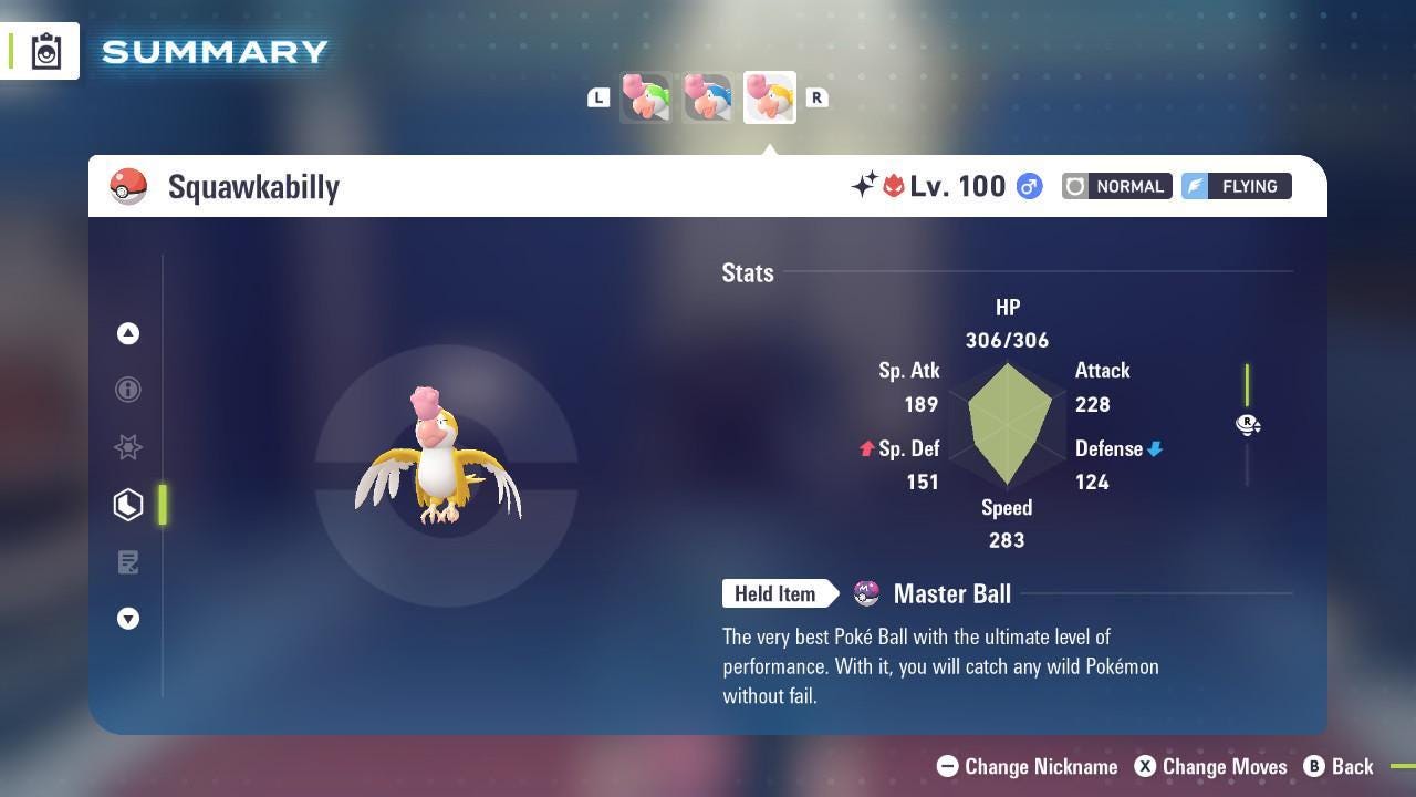 Shiny Alpha Yellow Squawkabilly Pokémon Legends ZA 6IV Competitive Battle Ready Pokémon card photo