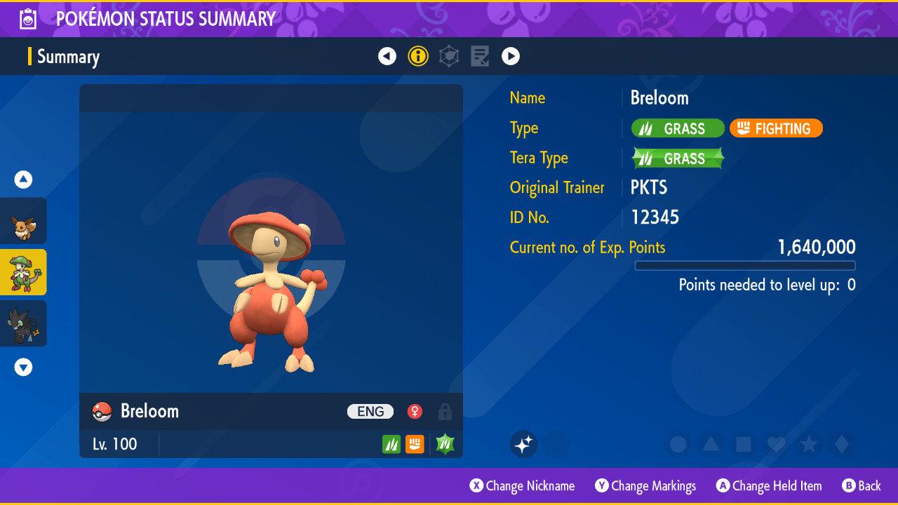 Foto de la carta Pokémon BRELOOM Shiny Pokémon Escarlata Púrpura 6IV Competitivo Listo Para la Batalla