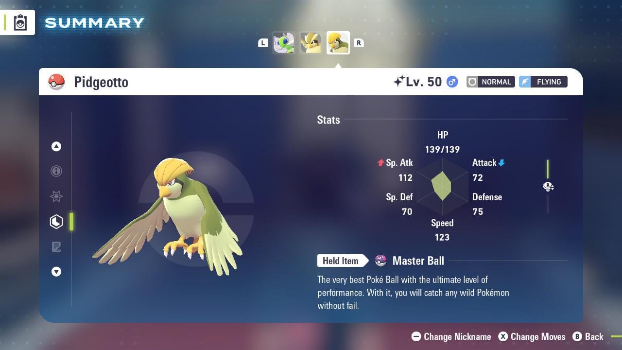 Foto de la carta Pokémon Shiny PIDGEOTTO Pokémon Legends ZA 6IV Listo para la batalla competitiva