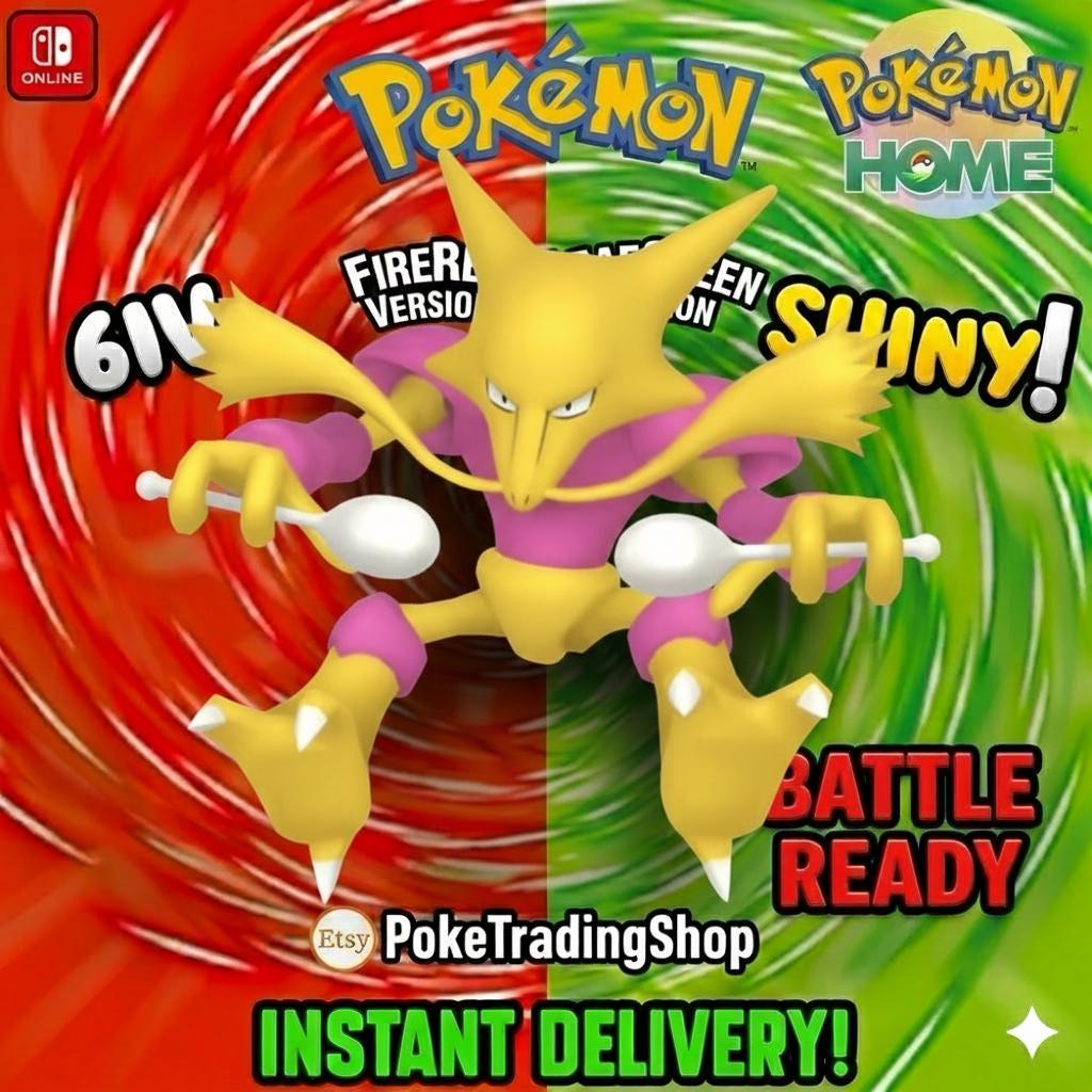 Foto de la carta Pokémon ALAKAZAM SHINY Pokémon Rojo Fuego Verde Hoja 6IV Competitivo Listo para la batalla