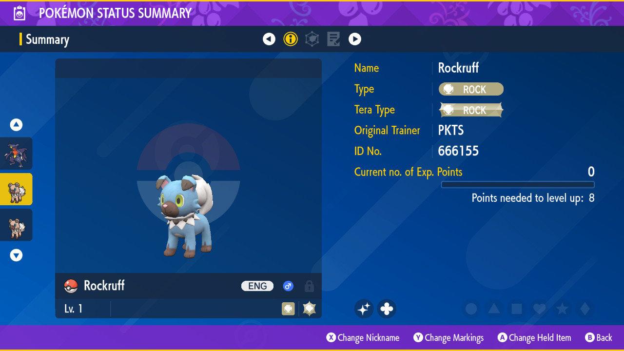 Foto de la carta Pokémon Rockruff variocolor de Pokémon Escarlata y Púrpura 6IV competitivo listo para la batalla