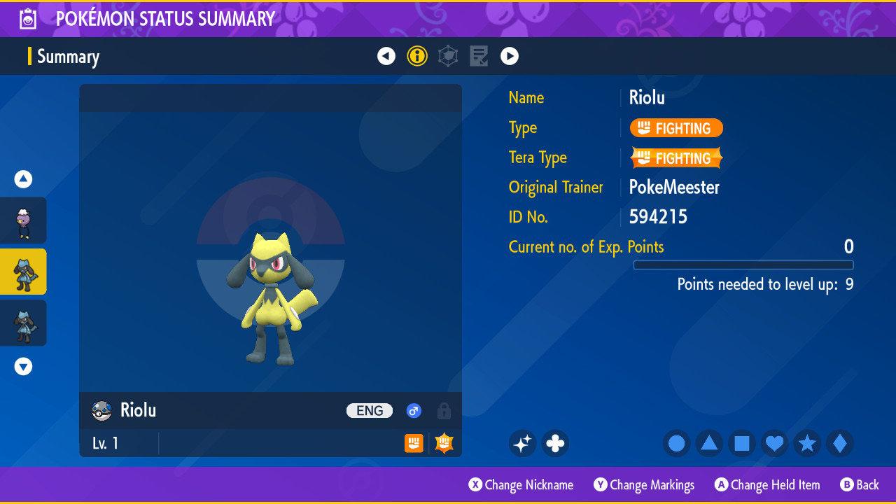 Foto de la carta Pokémon Shiny RIOLU Pokémon Escarlata y Púrpura 6IV Listo para el Combate Competitivo