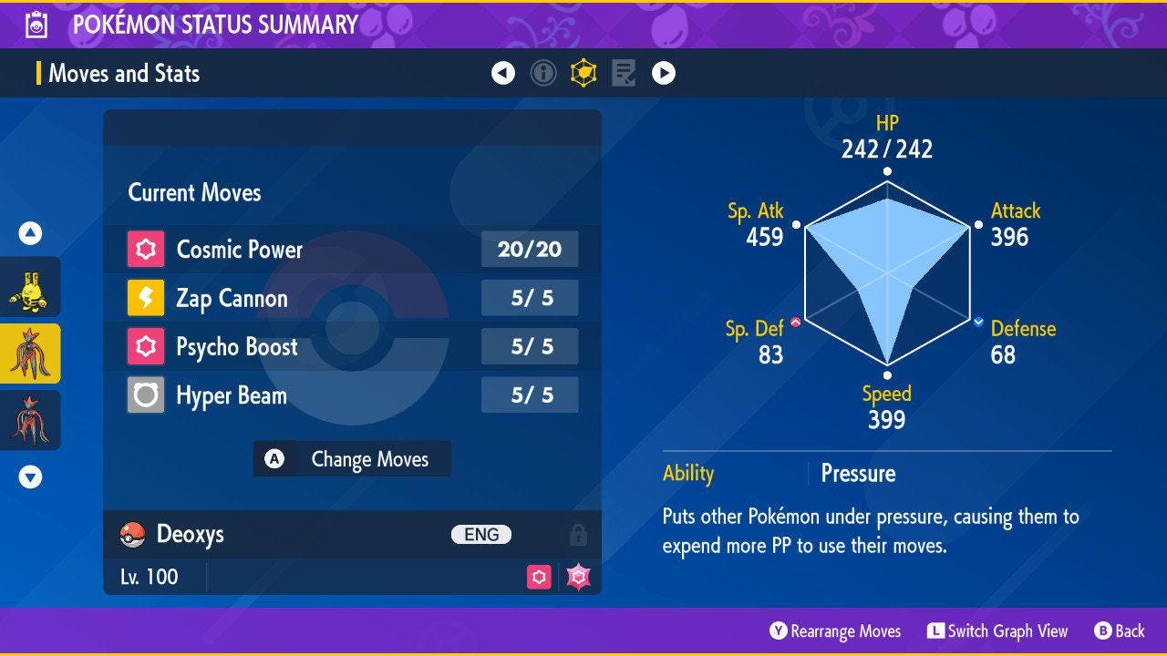 Foto de la carta Pokémon DEOXYS Forma Ataque Variocolor Pokémon Escarlata y Púrpura 6IV Pokémon Leyenda ZA Pokémon Mítico Pokedex Pokerus 2