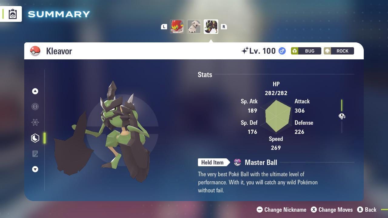 Foto de la carta Pokémon Kleavor variocolor Pokémon Legends ZA Mega Dimensión DLC 6IV Listo para el combate competitivo