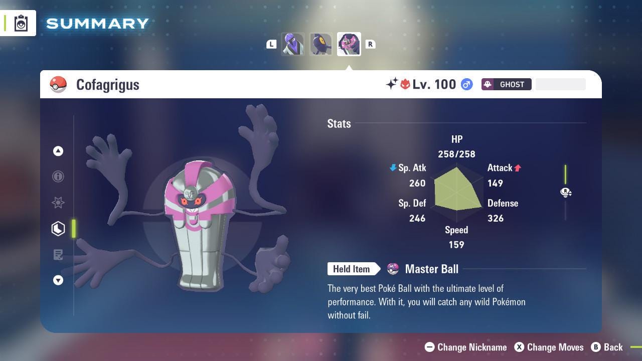 Foto de la carta Pokémon Cofagrigus Alfa Variocolor 6IV Competitivo Listo para la Batalla
