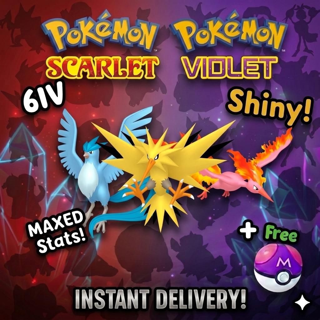 SHINY Articuno, Zapdos, Moltres Bundle Pack 6IV EV Pokémon Scarlet and Violet 6IV Competitive Battle Ready – Scarlet & Violet Bundles Pokémon card photo