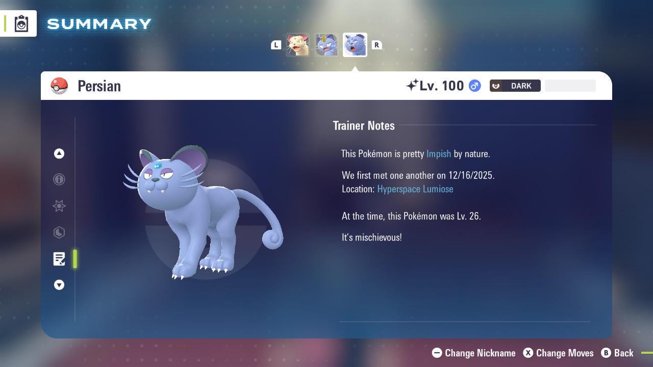 Foto de la carta Pokémon Persian de Alola variocolor Pokémon Legends ZA Mega Dimension DLC 6IV Competitivo Listo para la Batalla 4