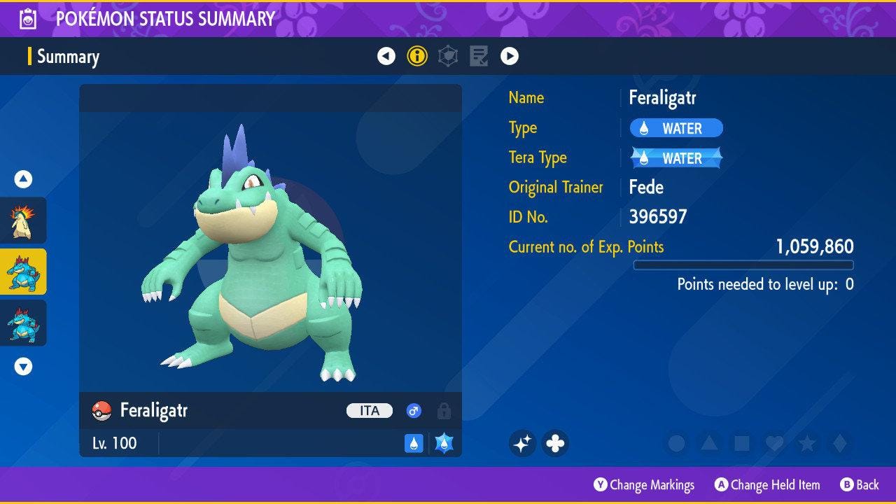 Foto de la carta Pokémon Shiny FERALIGATR Pokémon Escarlata y Púrpura 6IV Listo para el Combate Competitivo 2