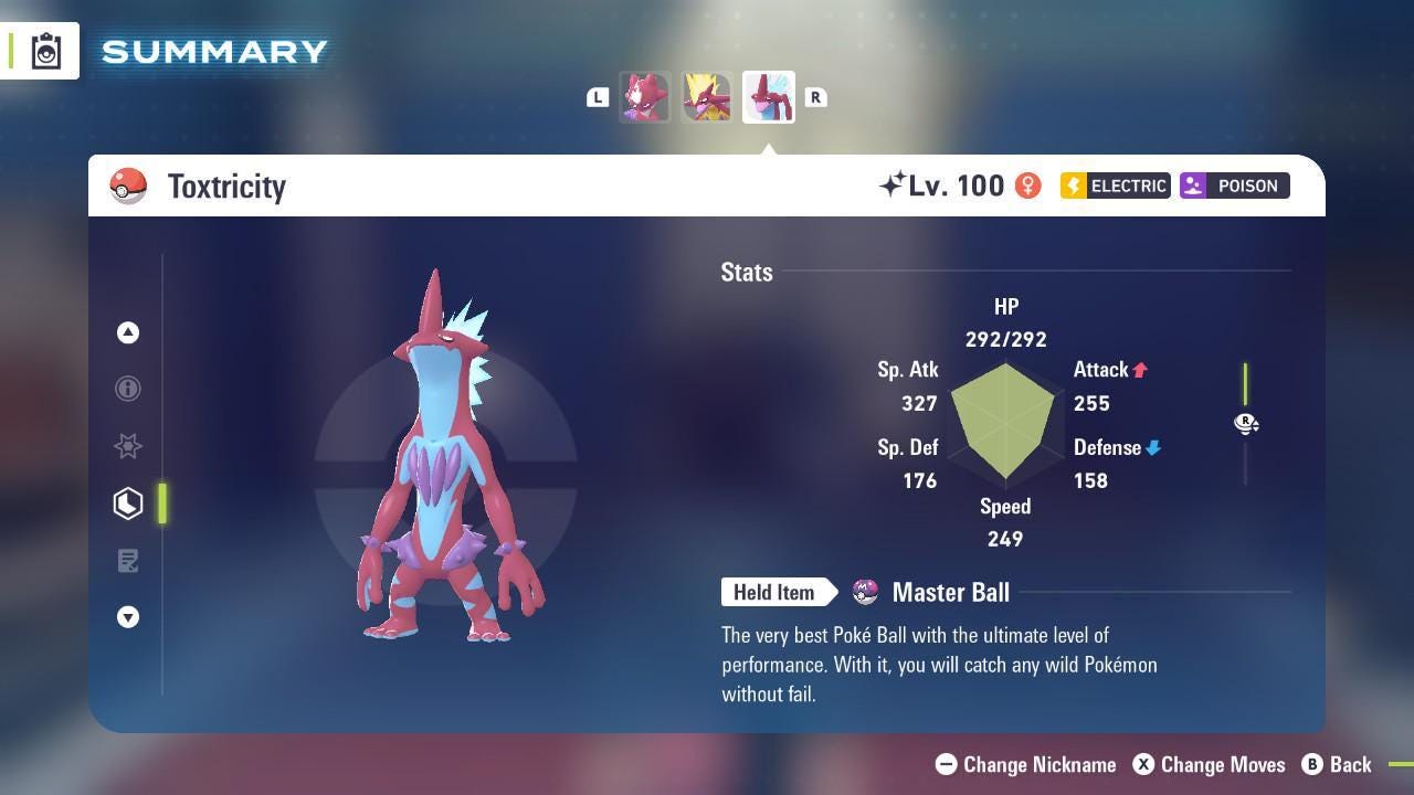 Foto de la carta Pokémon Shiny Toxtricity Forma Baja Pokémon Legends ZA 6IV Listo para el Combate Competitivo 2
