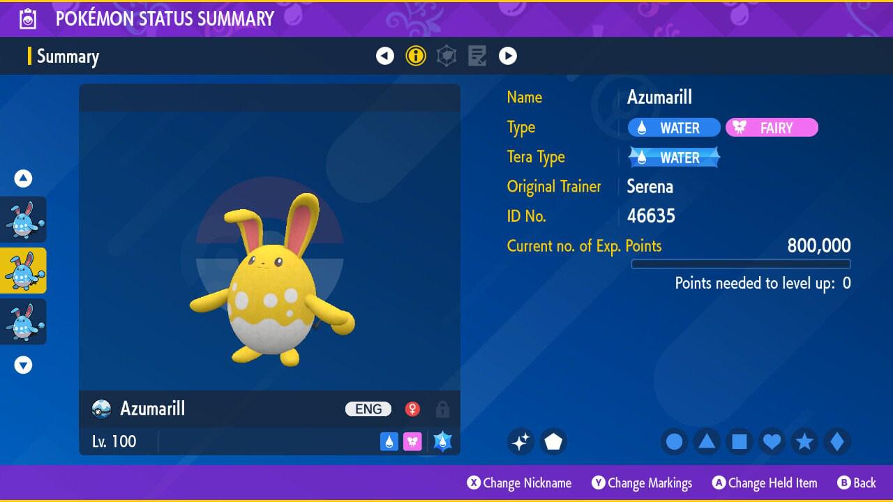 Foto de la carta Pokémon AZUMARILL variocolor Pokémon Escarlata y Púrpura 6IV Pokémon Listo para el combate competitivo + EVs Shiny gratis Shiny gratis