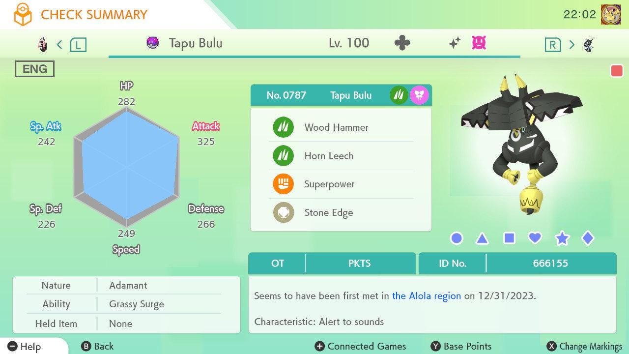 Shiny TAPU BULU Pokémon HOME 6IV Competitive Battle Ready – Pokémon HOME Transfers Pokémon card photo