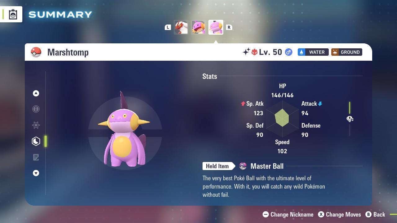 Foto de la carta Pokémon Shiny Alpha Marshtomp Pokémon Legends ZA 6IV Listo para la Batalla Competitiva