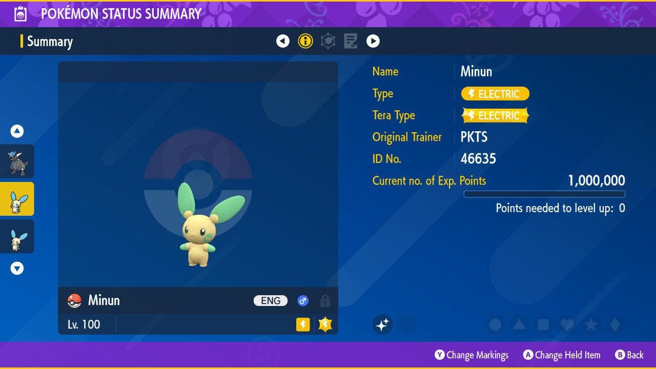 Foto de la carta Pokémon MINUN Brillante Pokémon Escarlata Púrpura 6IV Competitivo Listo para la Batalla