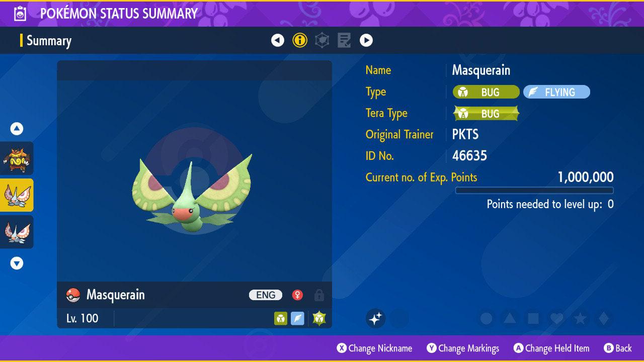 Foto de la carta Pokémon MASQUERAIN variocolor Pokémon Escarlata y Púrpura 6IV competitivo listo para la batalla