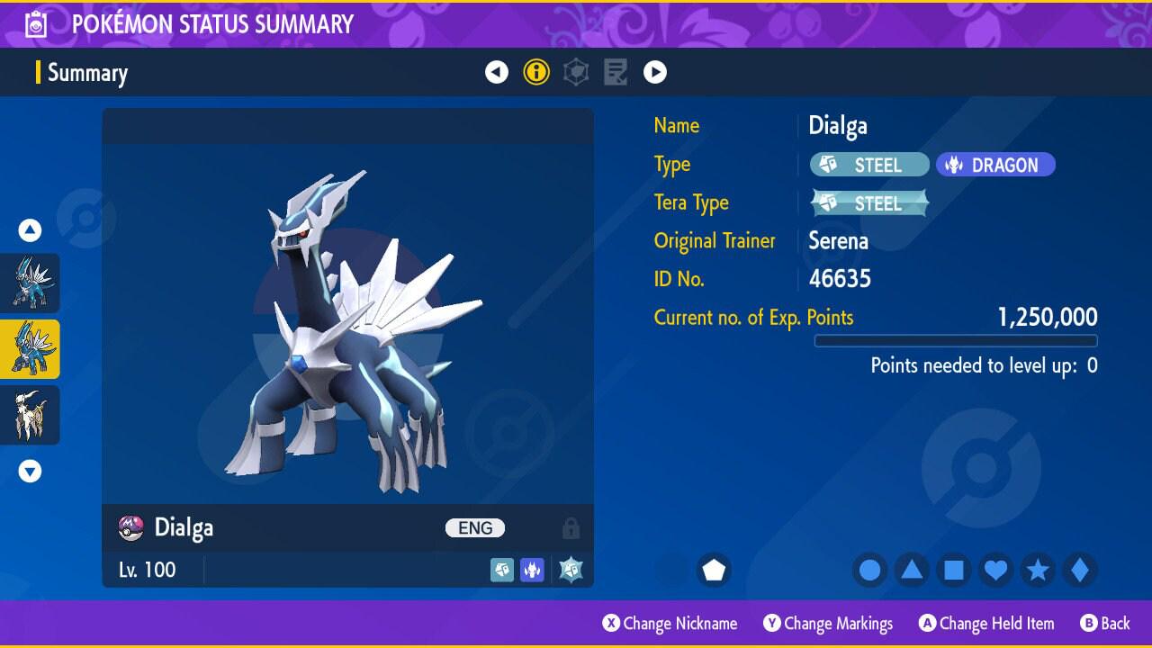 Foto de la carta Pokémon DIALGA NO variocolor Pokémon Escarlata y Violeta 6IV listo para la batalla competitiva