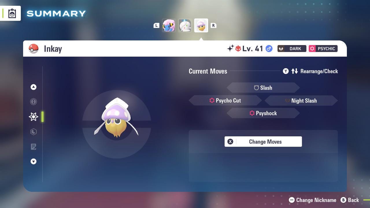 Foto de la carta Pokémon Inkay Alfa variocolor Pokémon Legends ZA 6IV Listo para el Combate Competitivo 3