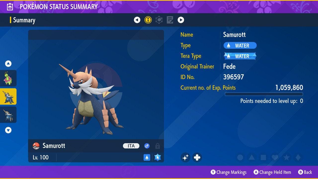 Shiny SAMUROTT Pokémon Scarlet and Violet 6IV Competitive Battle Ready Pokémon card photo