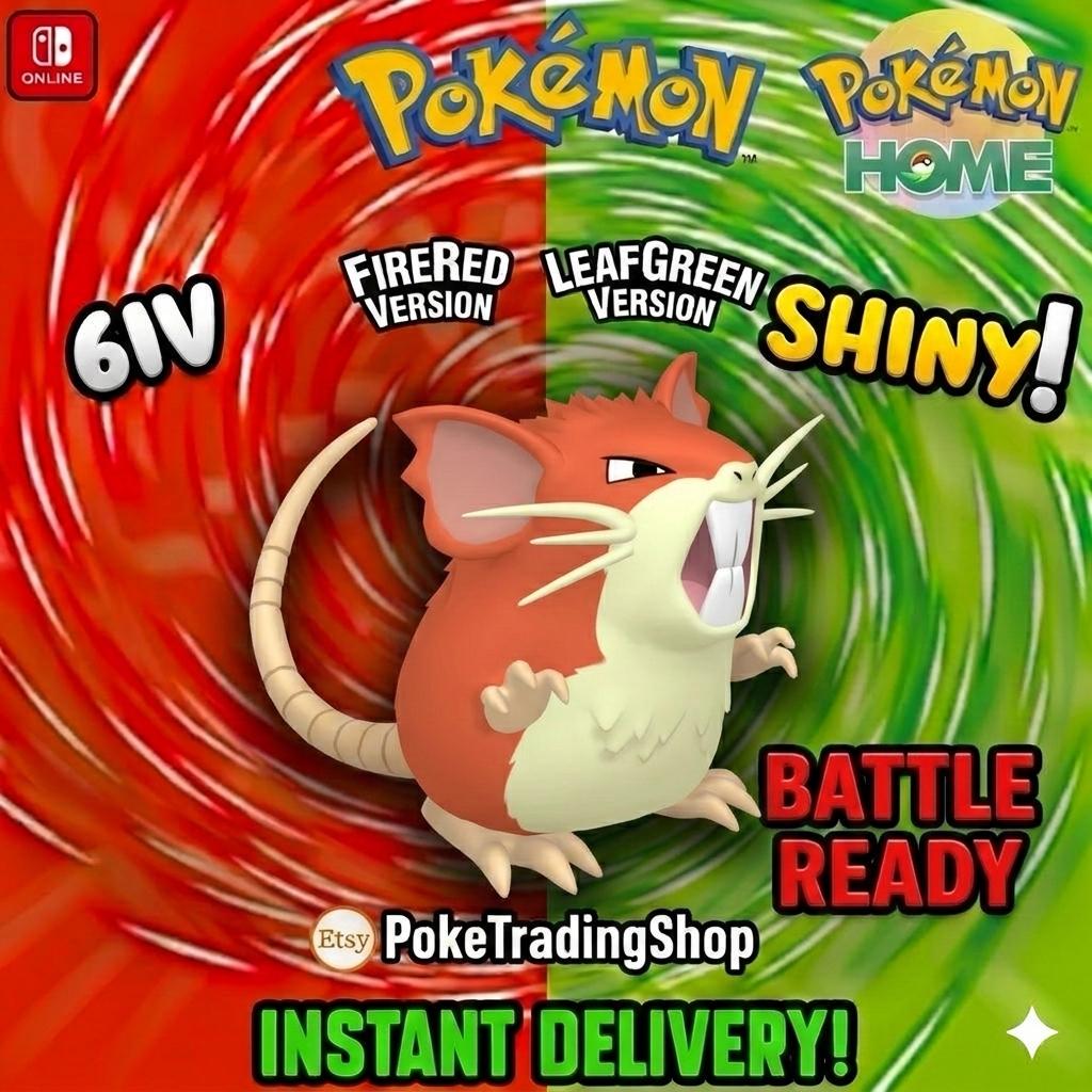 Foto de la carta Pokémon RATICATE SHINY Pokémon Rojo Fuego Verde Hoja 6IV Competitivo Listo para la Batalla