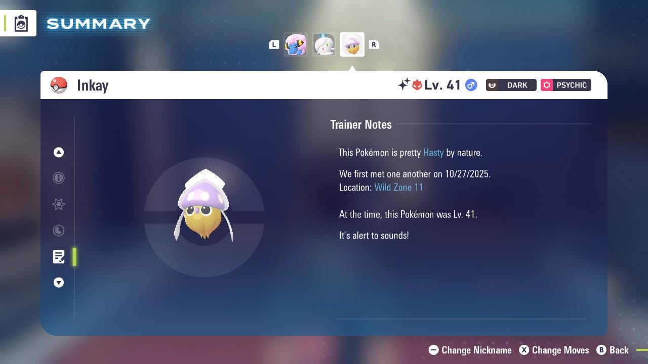 Foto de la carta Pokémon Inkay Alfa variocolor Pokémon Legends ZA 6IV Listo para el Combate Competitivo 4