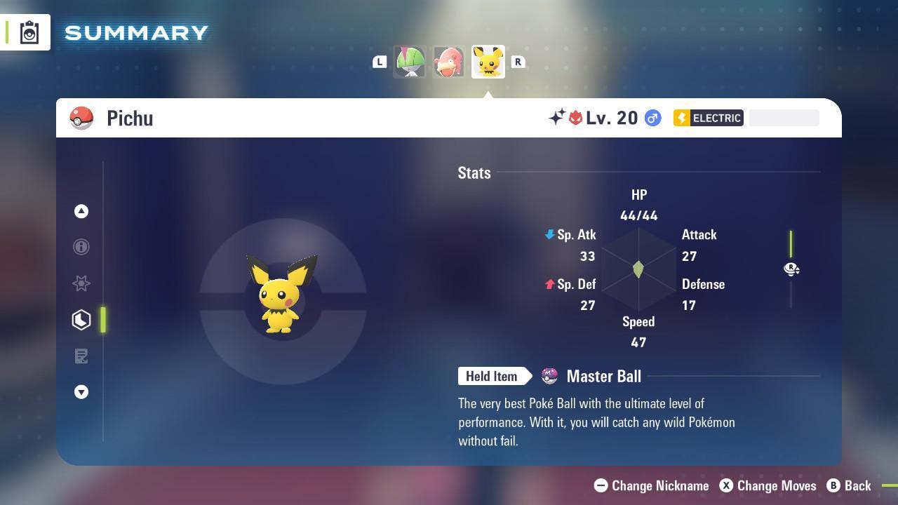 Foto de la carta Pokémon Pichu Shiny Alpha Pokémon Legends ZA 6IV Competitivo Listo para la Batalla