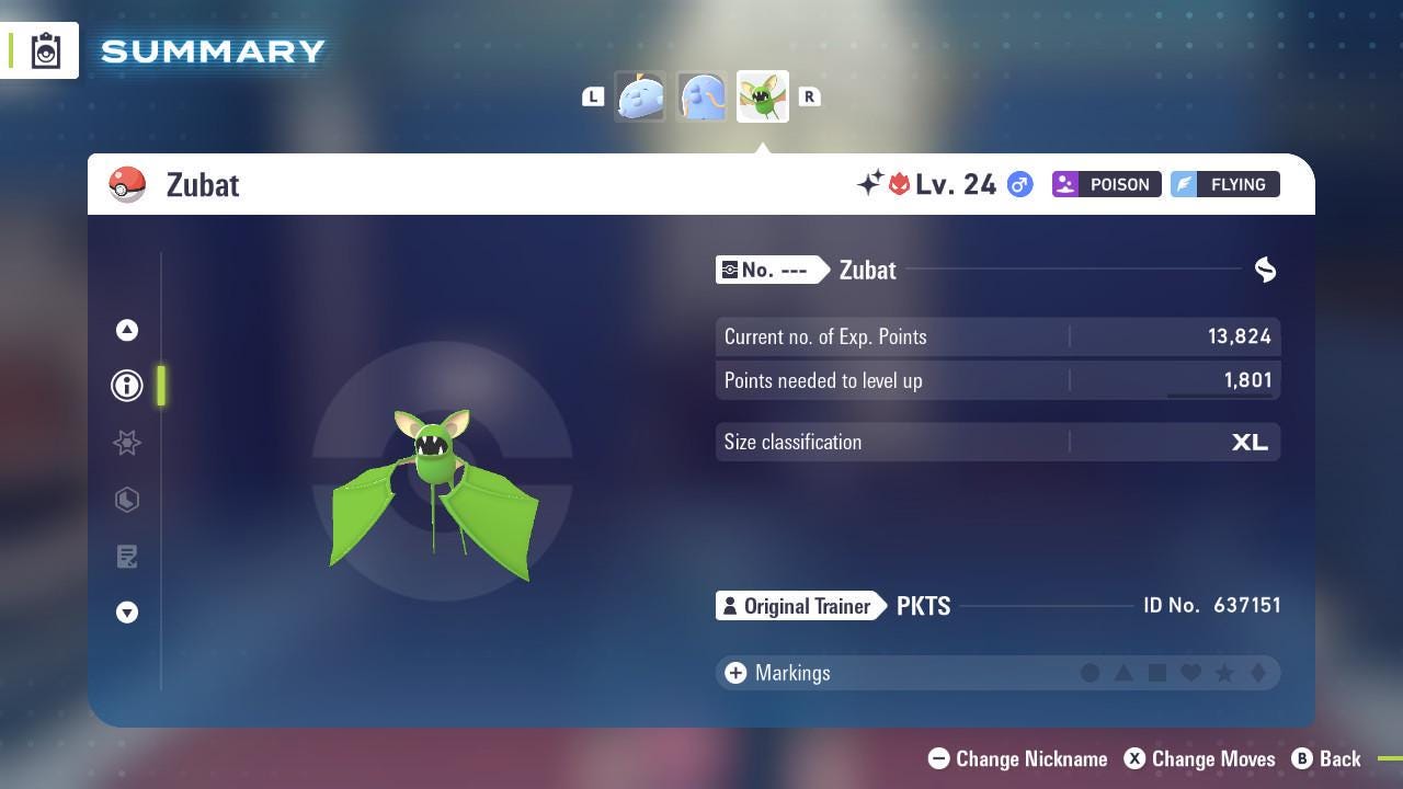 Foto de la carta Pokémon Shiny Alpha Zubat Pokémon Legends ZA Mega Dimension DLC 6IV Listo para el Combate Competitivo 2