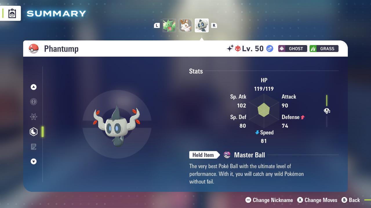 Foto de la carta Pokémon Phantump Alfa Variocolor Pokémon Legends ZA 6IV Competitivo Listo para la Batalla