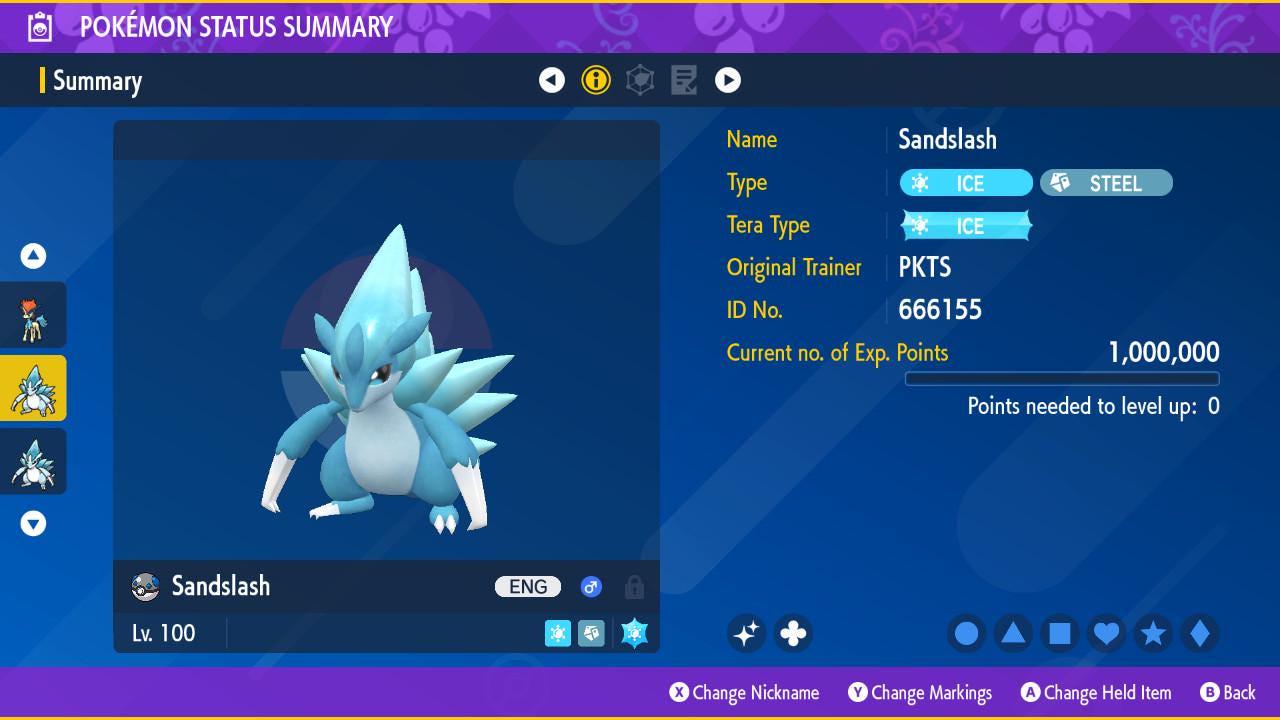 Foto de la carta Pokémon Sandslash de Alola variocolor Pokémon Escarlata y Púrpura 6IV Pokémon Legends ZA competitivo listo para la batalla + EVs Switch 2