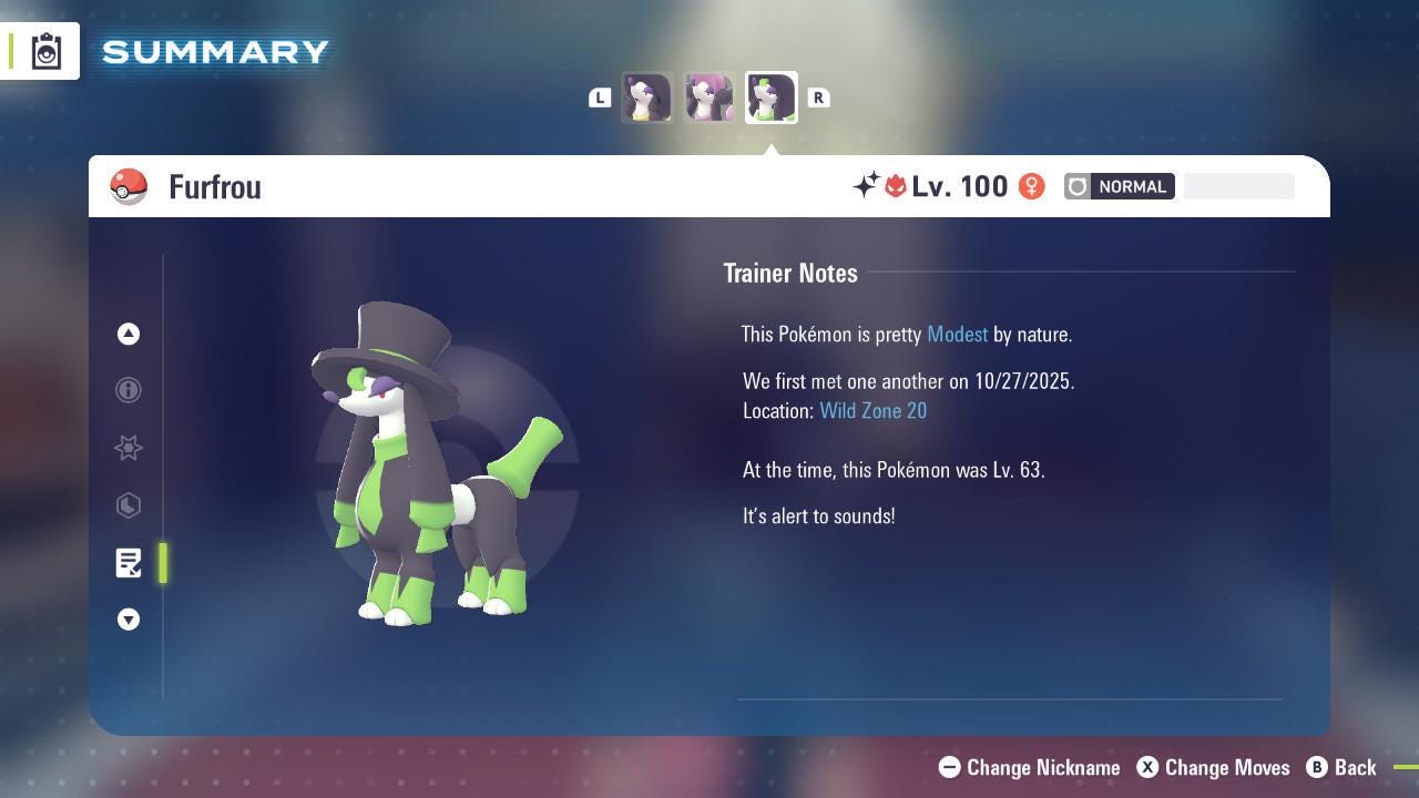 Foto de la carta Pokémon Shiny Alpha Furfrou Galante Pokémon Leyendas ZA 6IV Listo para el Combate Competitivo 2