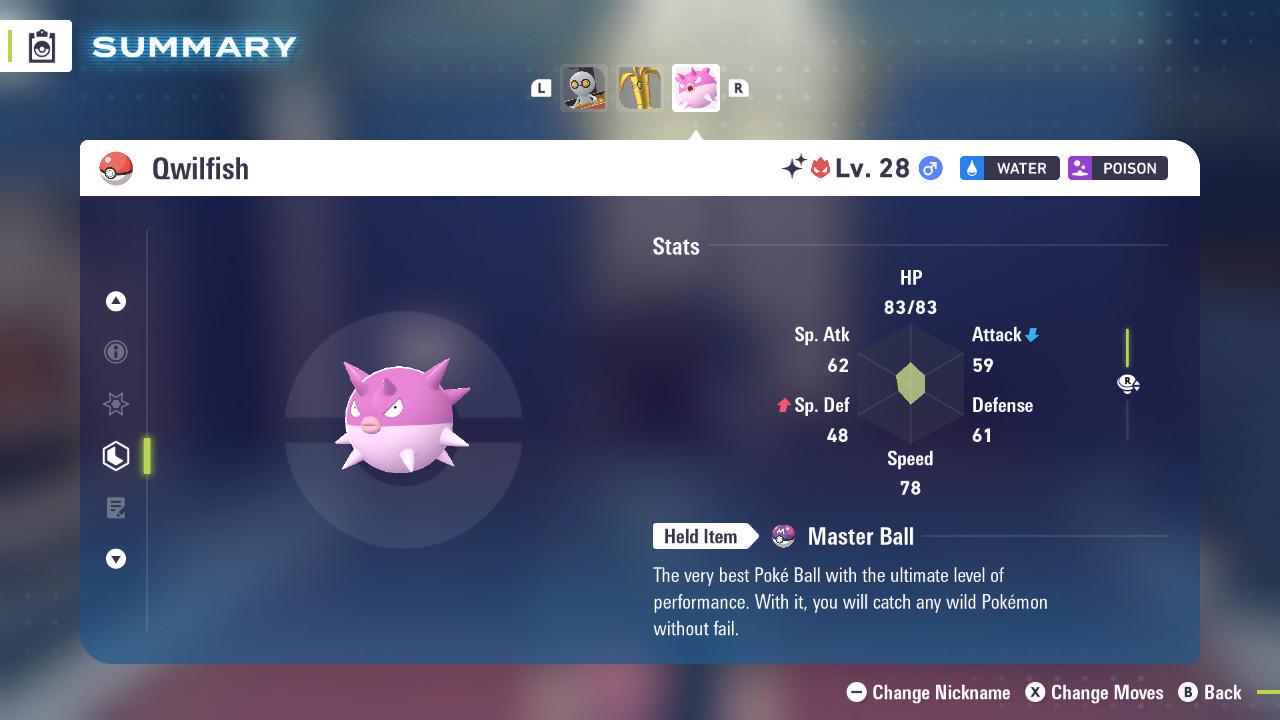 Foto de la carta Pokémon Qwilfish Alfa Variocolor Pokémon Legends ZA DLC Mega Dimension 6IV Competitivo Listo para la Batalla 2