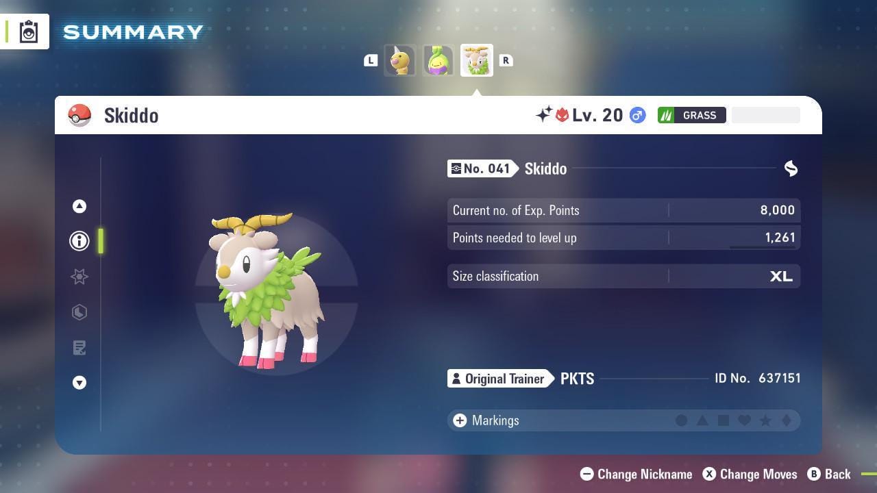 Foto de la carta Pokémon Skiddo Alfa variocolor de Pokémon Legends ZA 6IV competitivo listo para la batalla 2