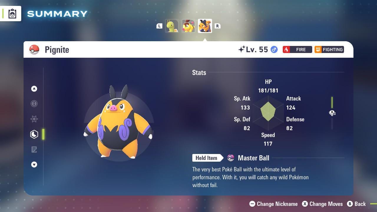 Foto de la carta Pokémon Shiny PIGNITE Pokémon Legends ZA 6IV Listo para la Batalla Competitiva
