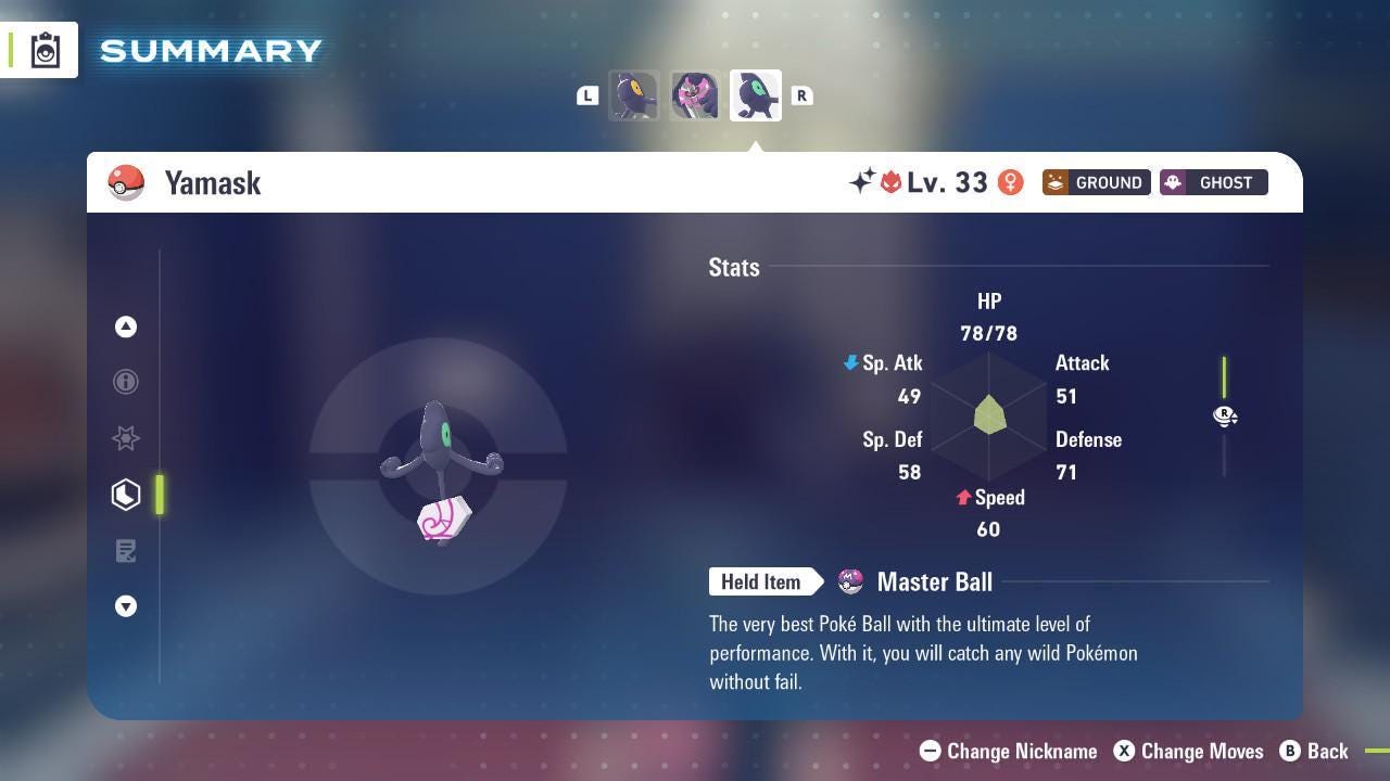 Foto de la carta Pokémon Shiny Alpha Galarian Yamask Pokémon Legends ZA 6IV Competitivo Listo para la Batalla
