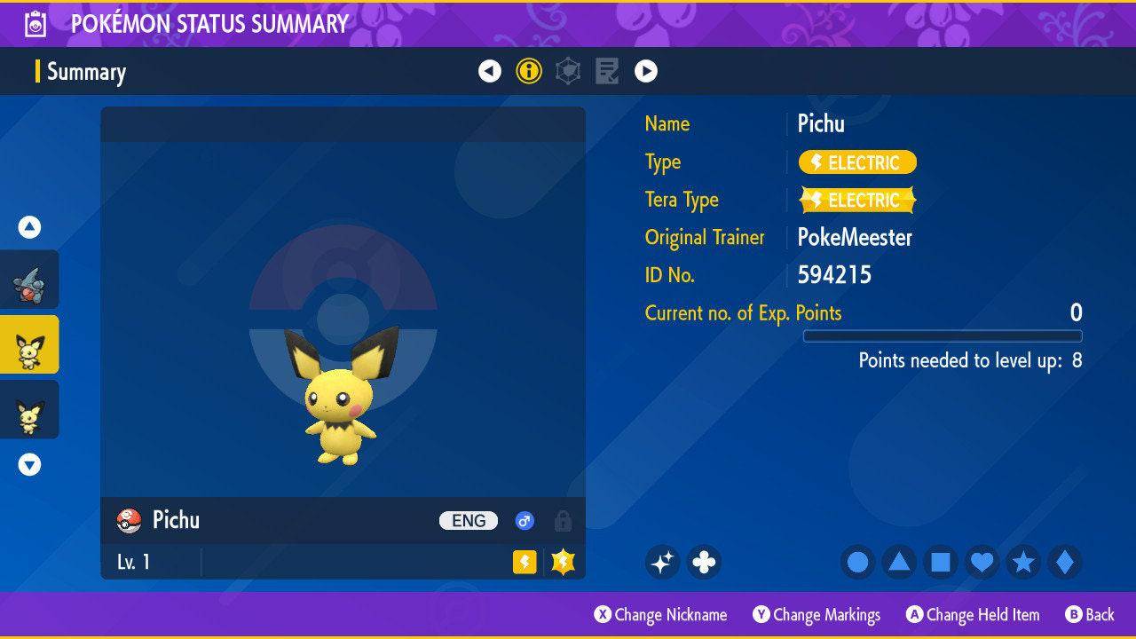Foto de la carta Pokémon PICHU Variocolor Pokémon Escarlata Púrpura 6IV Listo para la Batalla Competitiva