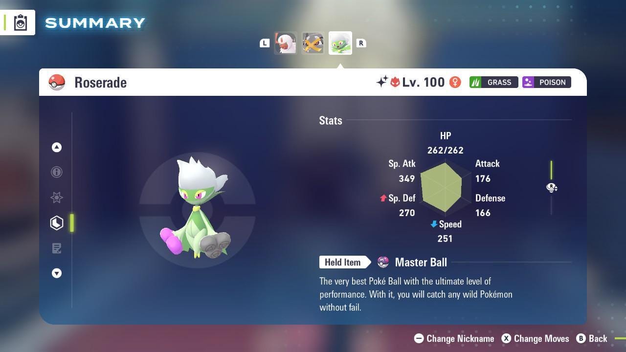 Foto de la carta Pokémon Roserade Alfa variocolor Pokémon Leyendas ZA 6IV Listo para el Combate Competitivo