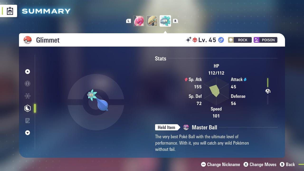 Foto de la carta Pokémon Shiny Alpha Glimmet Pokemon Legends ZA Mega Dimension DLC 6IV Listo para la batalla competitiva 2