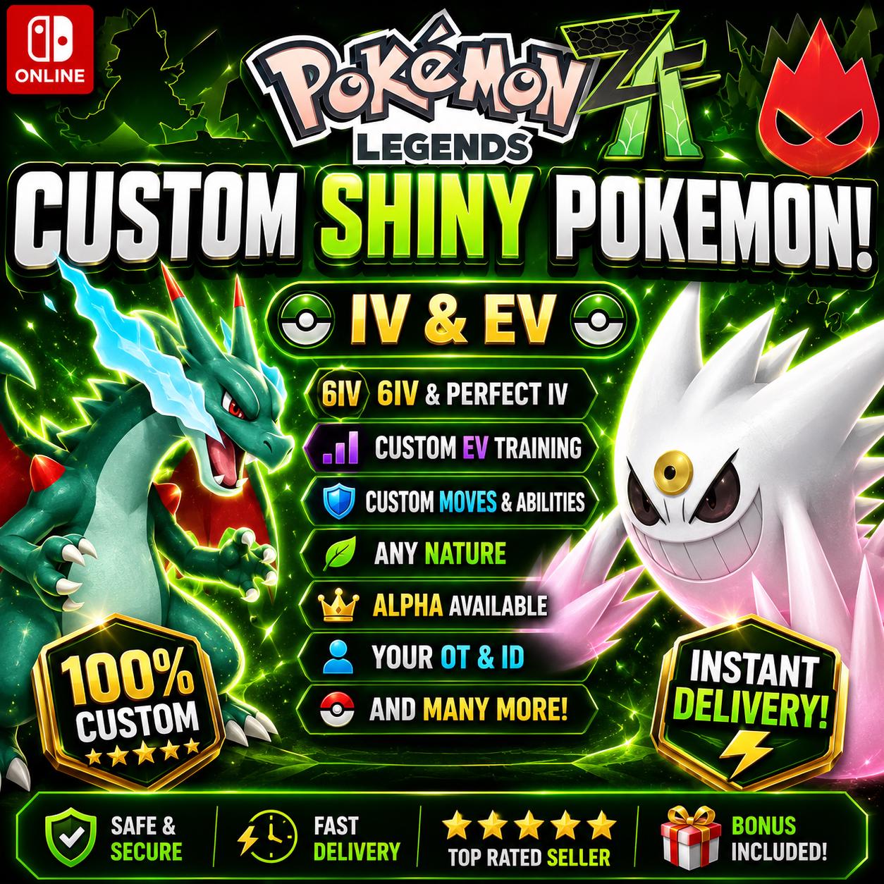 CUSTOM SHINY POKEMON Mega Dimension Dlc Legend Za Alpha Any Species Battle Ready 6iv Custom Ot Home Transfer Switch 2 Fast Delivery – Custom Pokémon Pokémon card photo