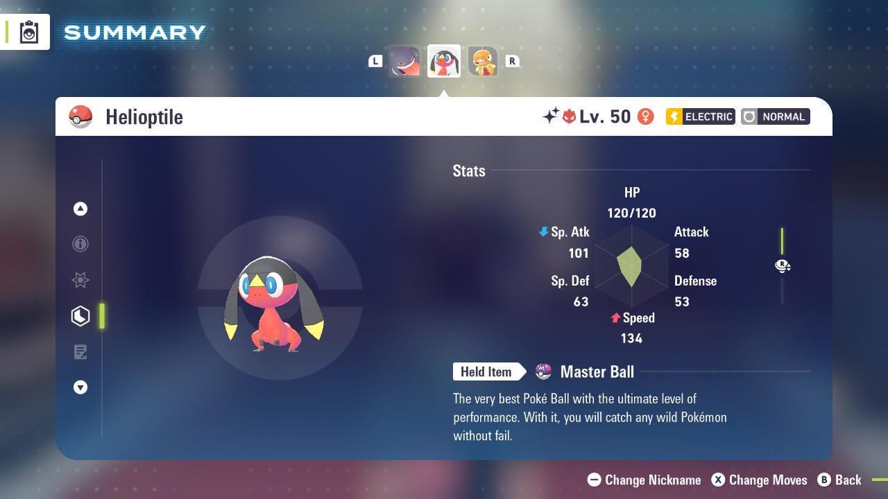 Foto de la carta Pokémon Shiny Alpha Helioptile Pokémon Legends ZA 6IV Competitivo Listo para la batalla