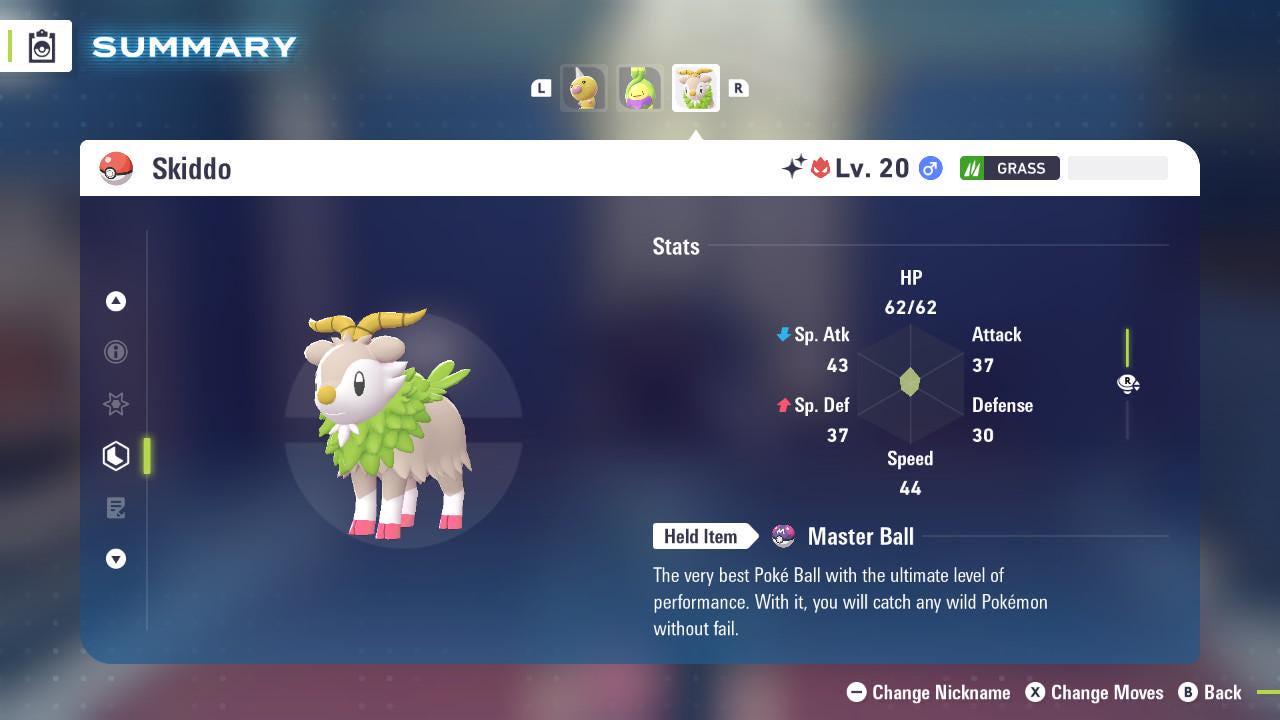 Foto de la carta Pokémon Skiddo Alfa variocolor de Pokémon Legends ZA 6IV competitivo listo para la batalla