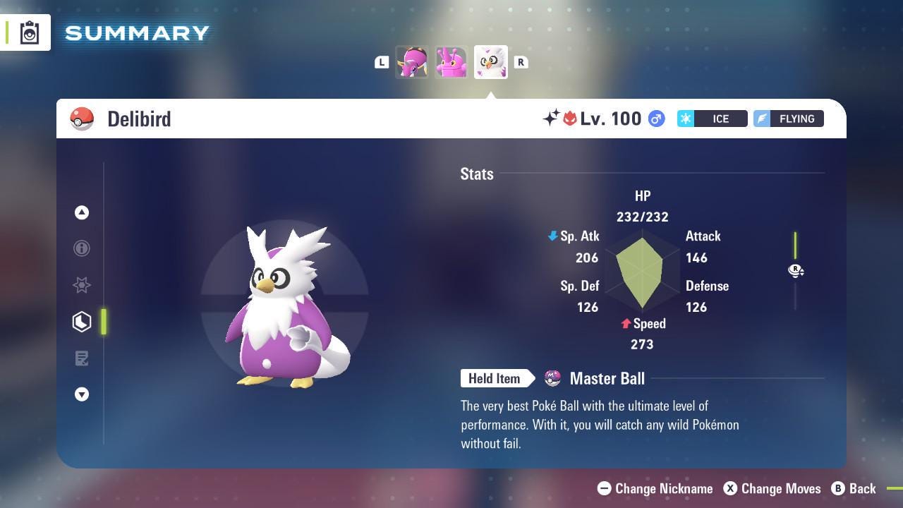 Foto de la carta Pokémon Shiny Alpha Delibird Pokémon Legends ZA 6IV Listo para el Combate Competitivo