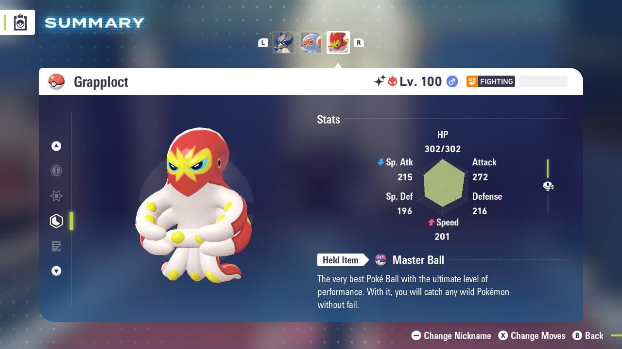 Foto de la carta Pokémon Shiny Alpha Grapploct Pokémon Legends ZA 6IV Listo para la Batalla Competitiva