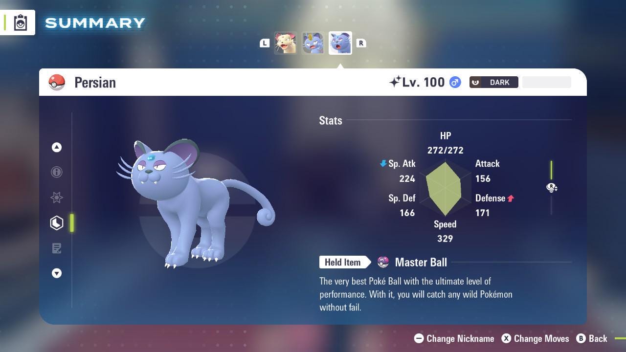 Foto de la carta Pokémon Persian de Alola variocolor Pokémon Legends ZA Mega Dimension DLC 6IV Competitivo Listo para la Batalla