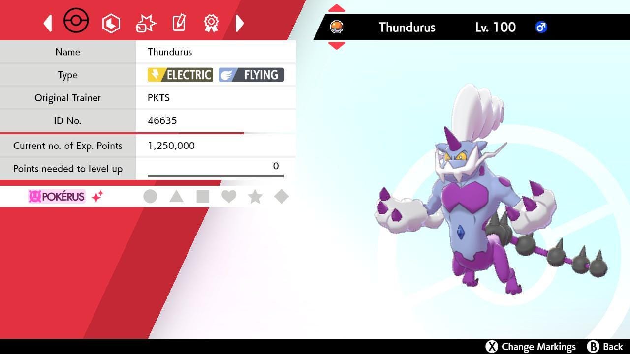Foto de la carta Pokémon Shiny Forma Tótem THUNDURUS Pokémon Espada y Escudo 6IV Pokémon Listo para la Batalla Competitivo + EVs Shiny Gratis