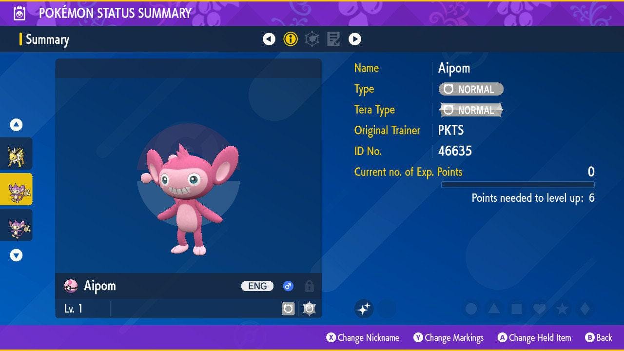 Foto de la carta Pokémon Shiny AIPOM Pokémon Escarlata Púrpura 6IV Listo para el Combate Competitivo
