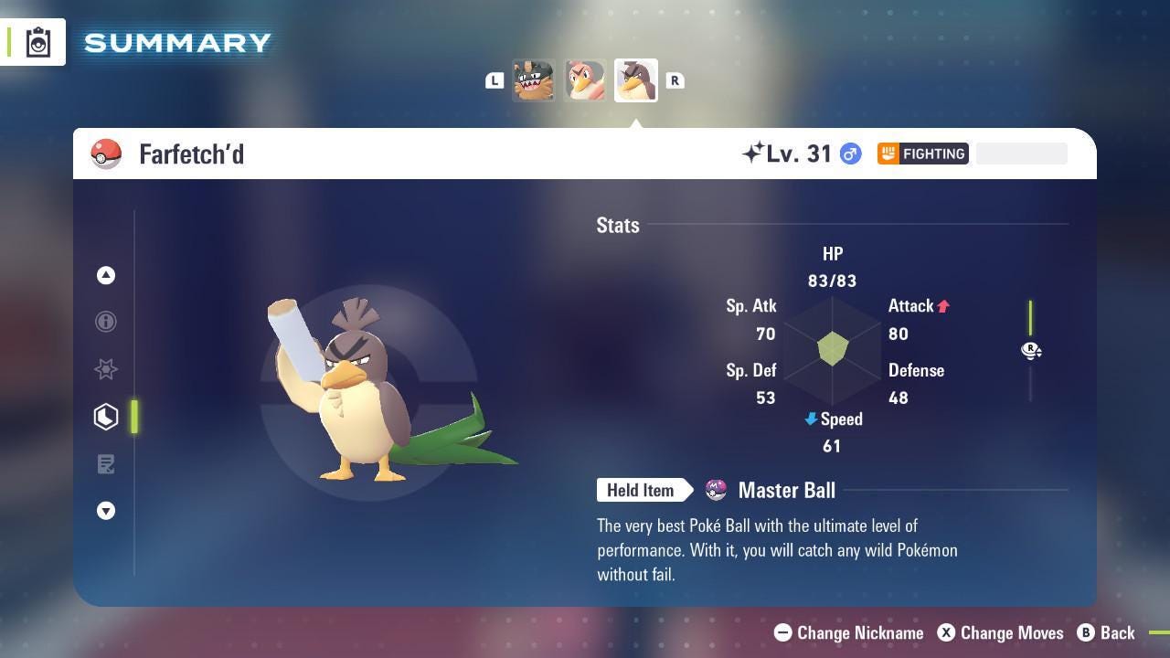 Foto de la carta Pokémon Farfetch'd de Galar Variocolor Pokémon Legends ZA 6IV Listo para el Combate Competitivo