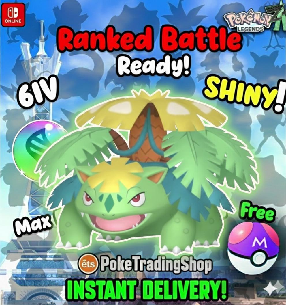 Foto de la carta Pokémon Pokémon LEGENDS ZA Alpha Shiny Venusaur Listo para Mega Ciudad Luminalia Región KALOS Planta Feroz Maestro Listo para la batalla 6IV Medalla Alfa Transferencia a HOME
