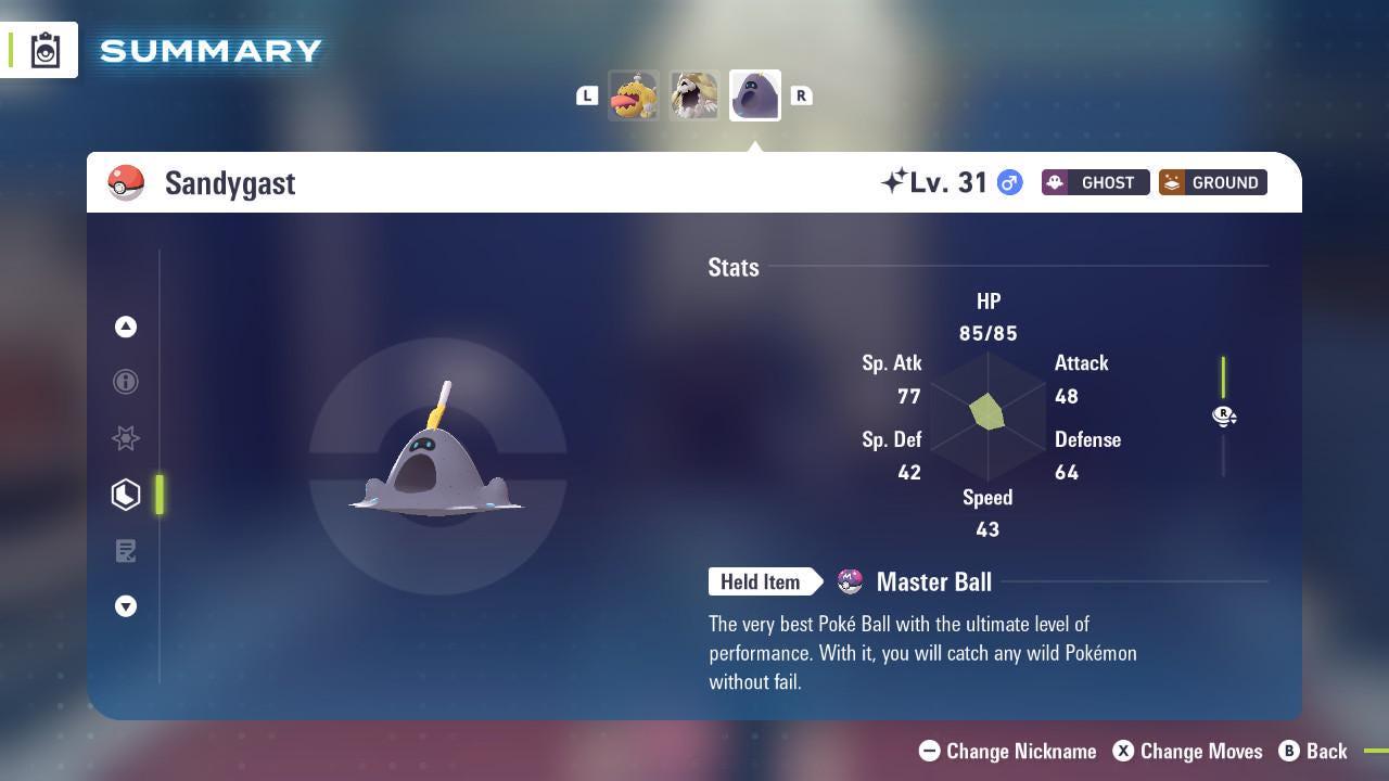 Foto de la carta Pokémon Sandygast Variocolor Pokémon Legends ZA DLC Mega Dimension 6IV Listo para el Combate Competitivo