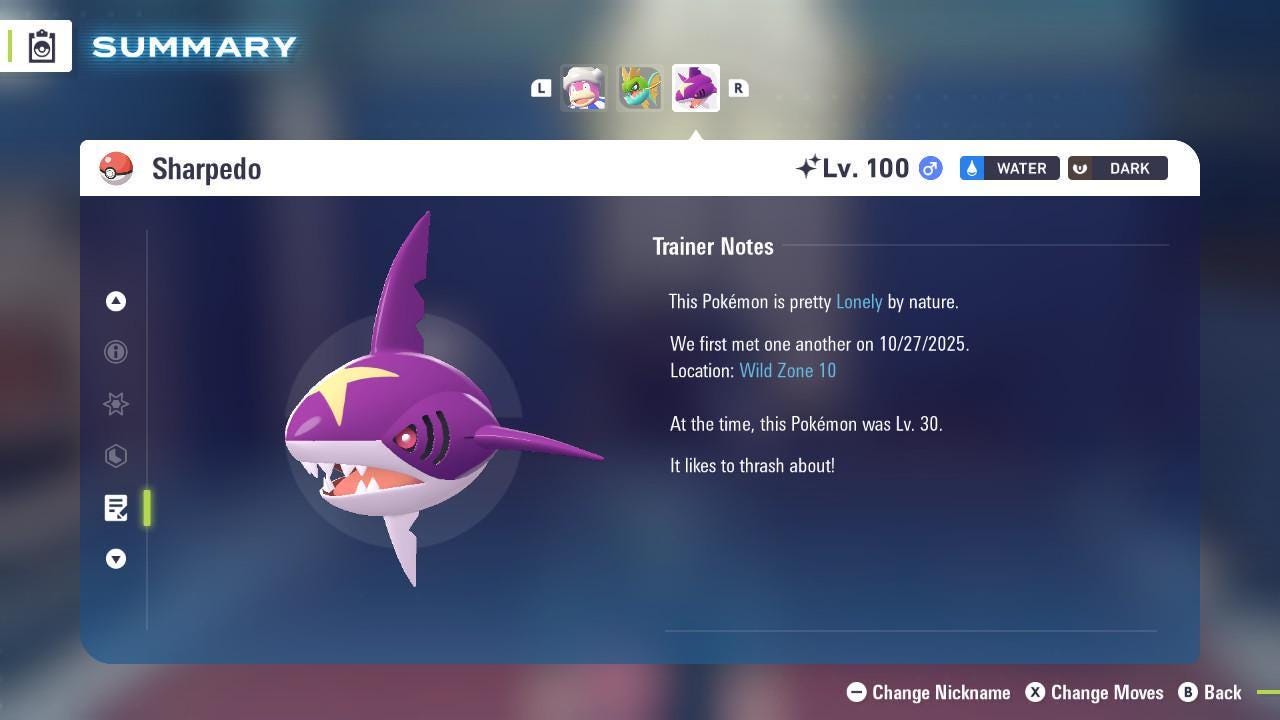 Foto de la carta Pokémon SHARPEDO variocolor Pokémon Legends ZA 6IV listo para el combate competitivo 4