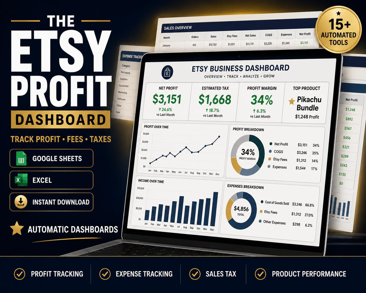 Etsy Bookkeeping Spreadsheet Profit Tracker Sales Tax Dashboard for Etsy Sellers Small Business Income Expense Tracker Google Sheets Excel – Workbooks Pokémon card photo