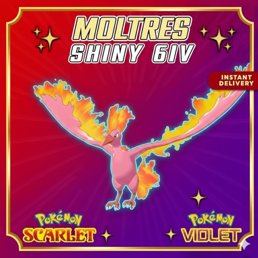 Foto de la carta Pokémon Shiny MOLTRES Pokémon Escarlata y Púrpura Pokémon Legendario Competitivo Listo para la Batalla Shiny Gratis Switch 2
