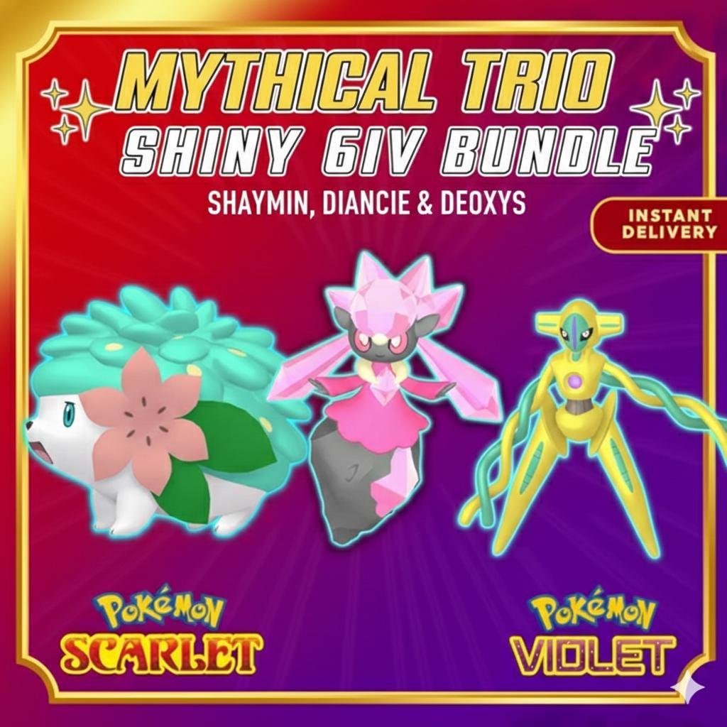 SHINY Shaymin, Diancie, Deoxys Bundle Pack 6IV EV Pokémon Scarlet and Violet 6IV Competitive Battle Ready – Scarlet & Violet Bundles Pokémon card photo